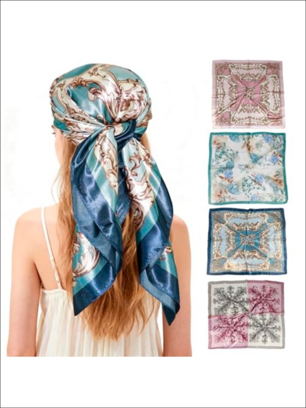 35" Satin Silk Feel Head Scarf Set 4 Pcs Large Square Hair Wrap Bandana